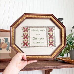 Vintage Framed Cross-Stitch Art with Floral Design